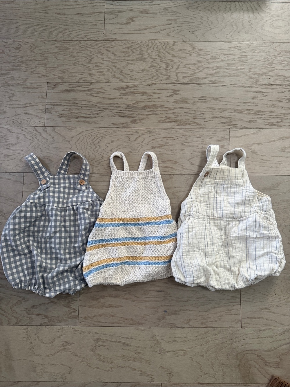 Zara Set of 3 Baby Rompers - Neutral Blue, Cream & White, Gray Check